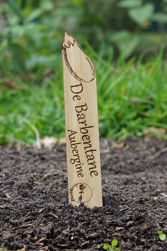 Im Beet steckender Pflanzenstecker mit der gravierten Aufschrift "De Barbentane, Aubergine". Der Kopf stellt eine Auberginen dar.